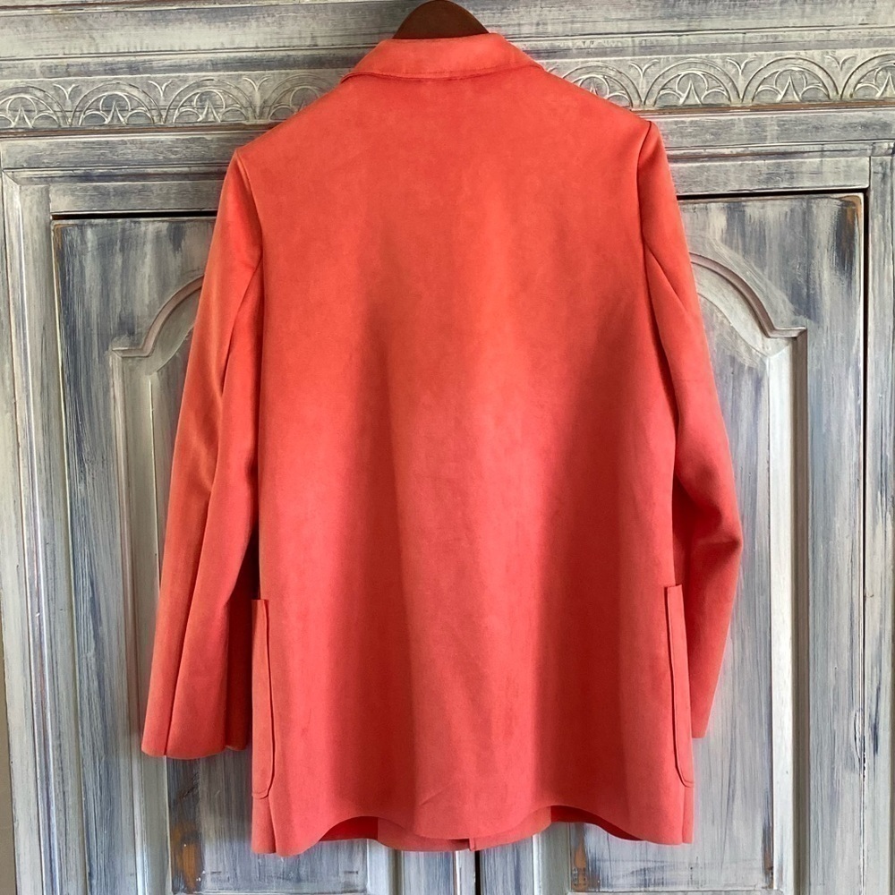 Joan VASS Shawl Collar Open Front Faux Leather Mid Jacket - Picture 2 of 9